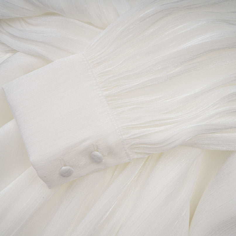 Antonina White Mini Dress Pleated Layered Terylene Fiber Draped Design Balloon Sleeves Glitter Detailing Front Tie Fastening Chic Mini Length Statement Piece