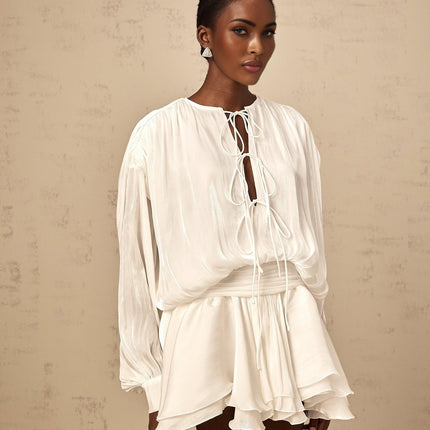 Antonina White Mini Dress Pleated Layered Terylene Fiber Draped Design Balloon Sleeves Glitter Detailing Front Tie Fastening Chic Mini Length