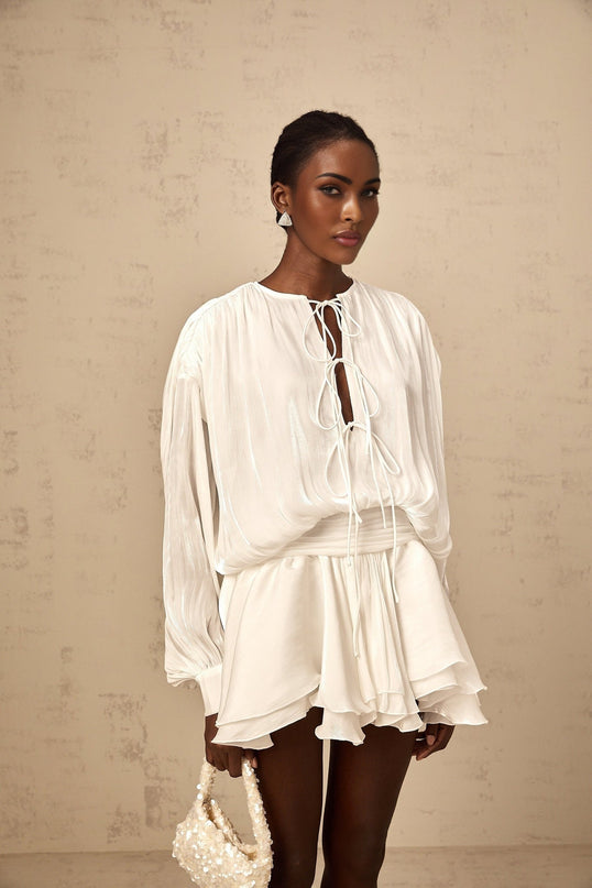 Antonina White Mini Dress Pleated Layered Terylene Fiber Draped Design Balloon Sleeves Glitter Detailing Front Tie Fastening Chic Mini Length