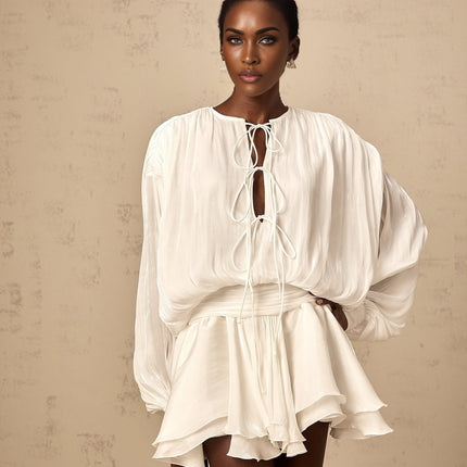 Antonina White Mini Dress Pleated Layered Terylene Fiber Draped Design Balloon Sleeves Glitter Detailing Front Tie Fastening Chic Mini Length