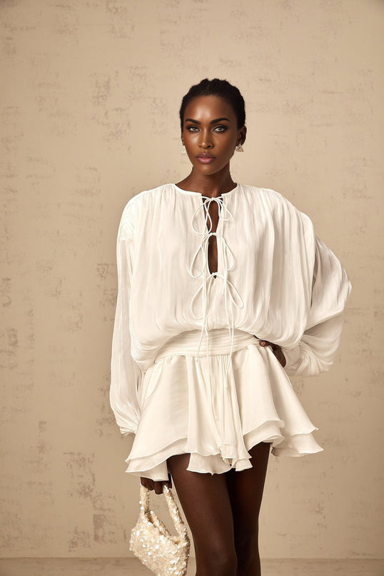 Antonina White Mini Dress Pleated Layered Terylene Fiber Draped Design Balloon Sleeves Glitter Detailing Front Tie Fastening Chic Mini Length