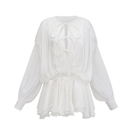 Antonina White Mini Dress Pleated Layered Terylene Fiber Draped Design Balloon Sleeves Glitter Detailing Front Tie Fastening Chic Mini Length