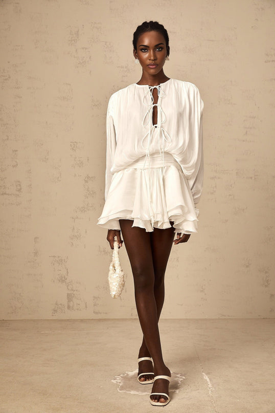 Antonina White Pleated Layered Mini Dress with Glitter Detailing