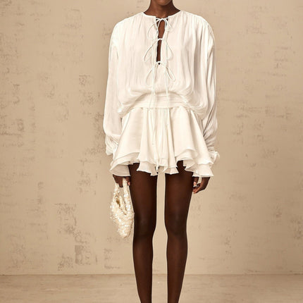 Antonina White Pleated Layered Mini Dress with Balloon Sleeves and Glitter Detailing