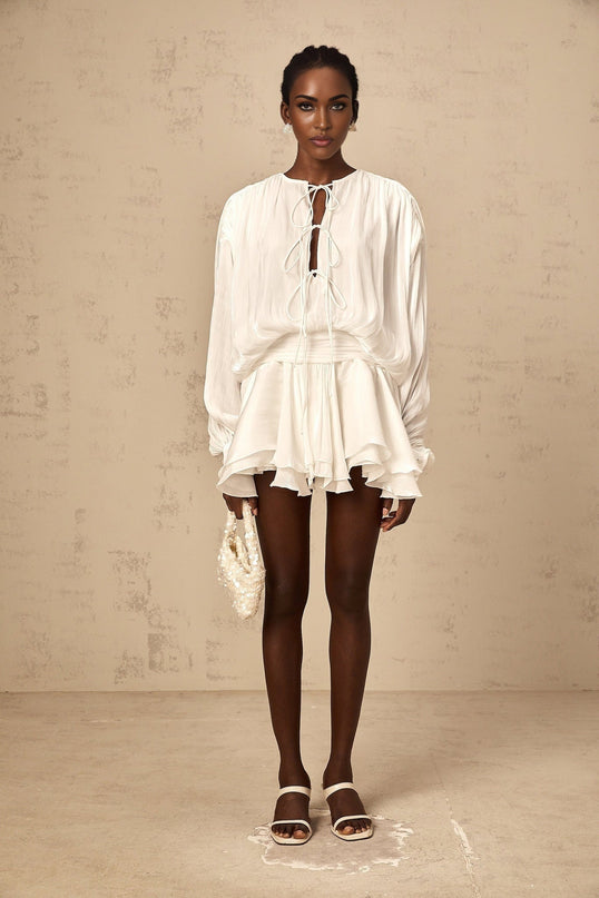 Antonina White Pleated Layered Mini Dress with Balloon Sleeves and Glitter Detailing
