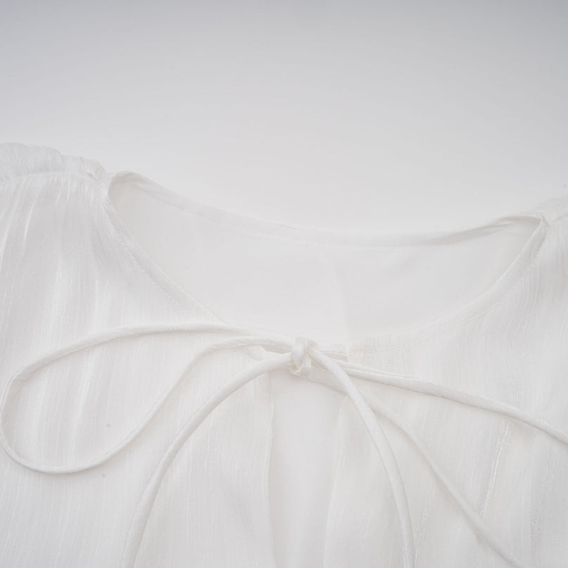 Antonina White Pleated Layered Mini Dress with Balloon Sleeves and Glitter Detailing