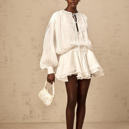 Antonina White Pleated Layered Mini Dress with Balloon Sleeves and Glitter Detailing