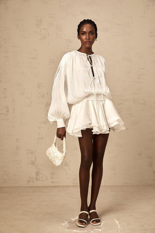 Antonina White Pleated Layered Mini Dress with Balloon Sleeves and Glitter Detailing