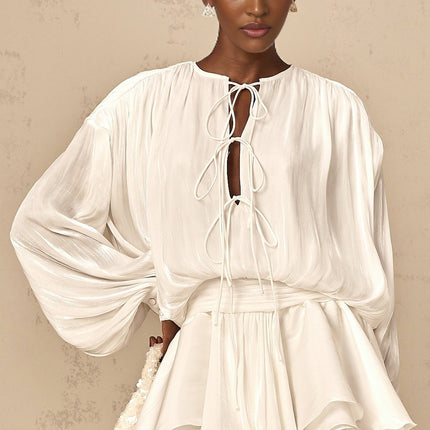 Antonina White Pleated Layered Mini Dress with Balloon Sleeves and Glitter Detailing