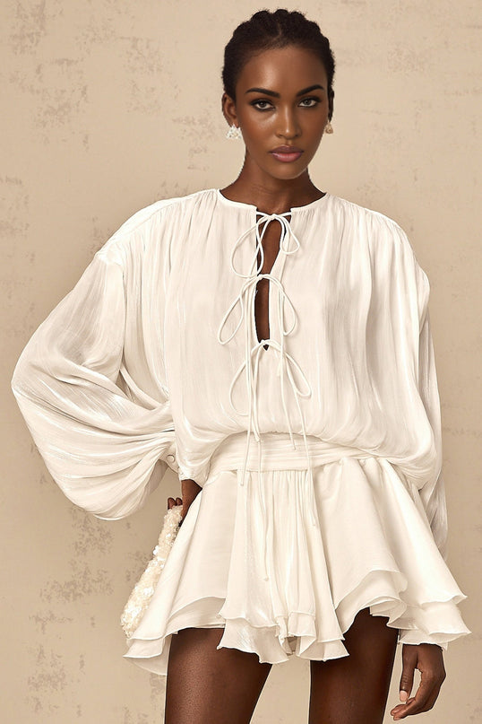 Antonina White Pleated Layered Mini Dress with Balloon Sleeves and Glitter Detailing