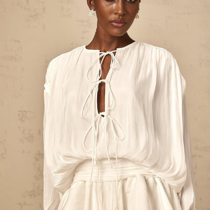 Antonina White Pleated Layered Mini Dress Terylene Fiber Draped Design Balloon Sleeves Glitter Detailing Front Tie Fastening Chic Mini Length