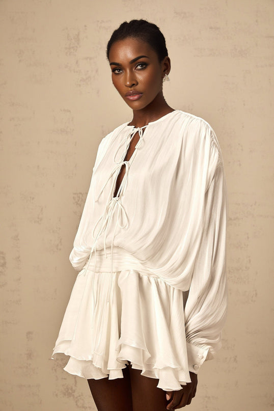 Antonina White Pleated Layered Mini Dress Terylene Fiber Balloon Sleeves Glitter Detailing Front Tie Fastening Chic Mini Length