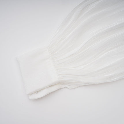 Antonina White Pleated Layered Mini Dress with Balloon Sleeves and Glitter Detailing