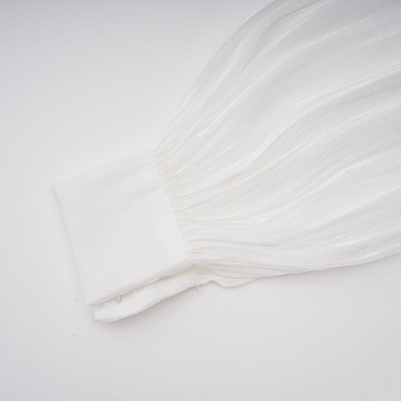 Antonina White Pleated Layered Mini Dress with Balloon Sleeves and Glitter Detailing