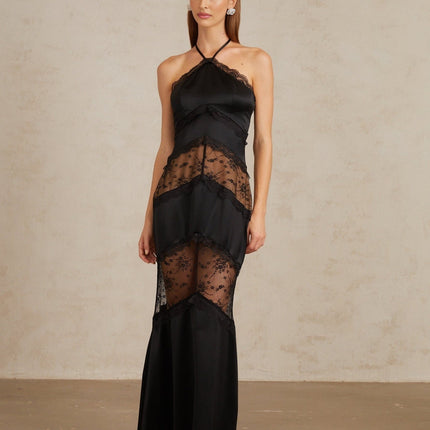 Anu Black Lace Panel Satin Maxi Gown in Black color