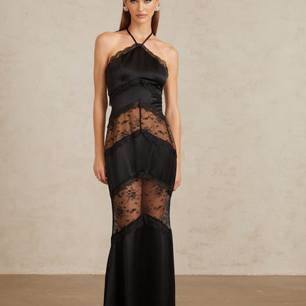 Anu Black Lace Panel Satin Maxi Gown in Black color