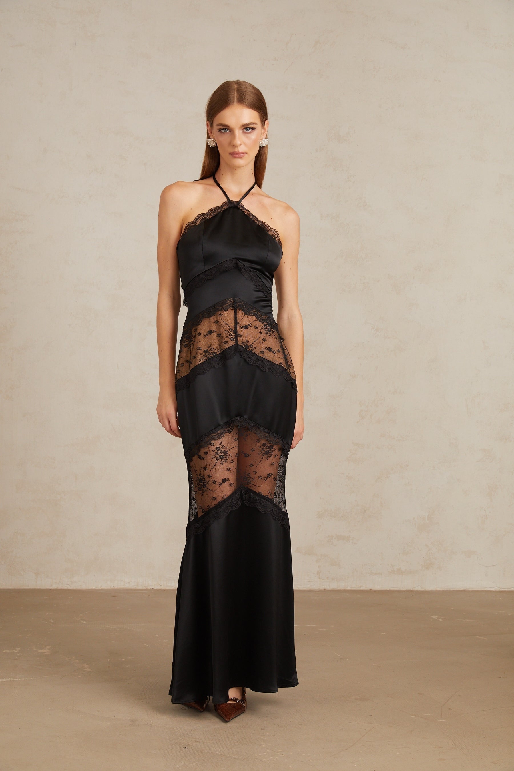 Anu Black Lace Panel Satin Maxi Gown