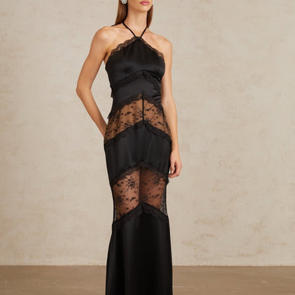 Anu Black Lace Panel Satin Maxi Gown in Black color