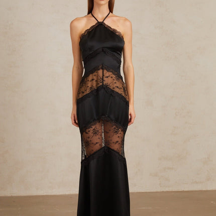 Anu Black Lace Panel Satin Maxi Gown elegant black dress with floral-lace panelling and halterneck design