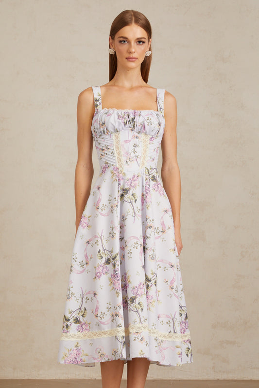 Apolline Lilac Lace Trim Floral Midi Dress