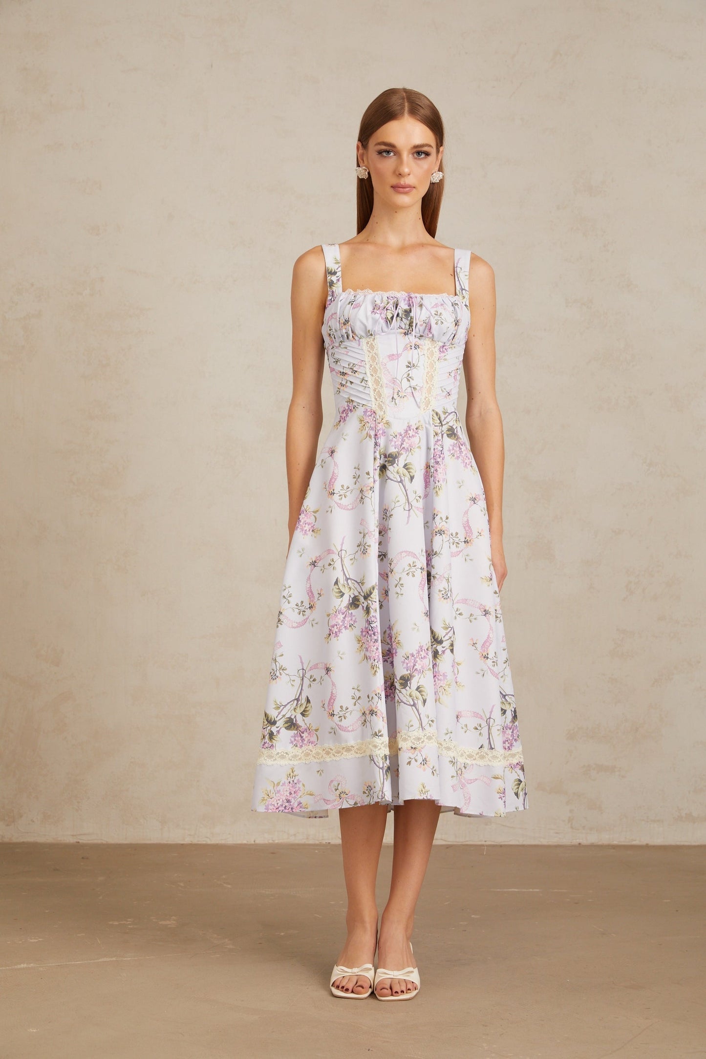 Apolline Lilac Lace Trim Floral Midi Dress