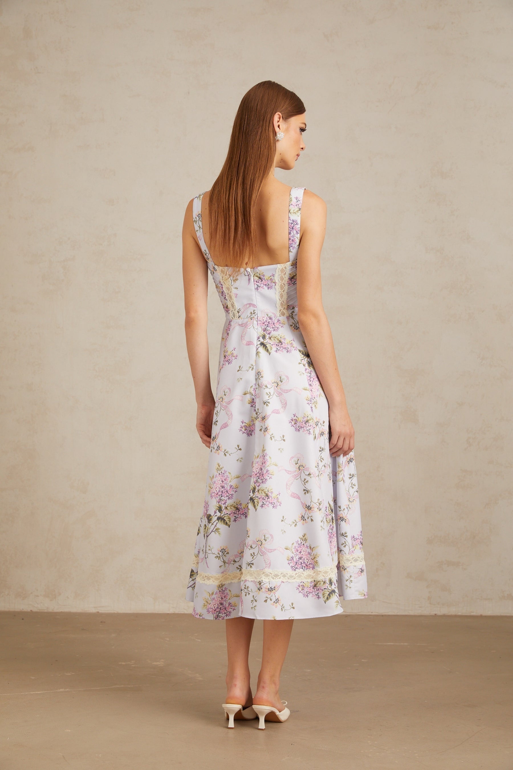 Apolline Lilac Lace Trim Floral Midi Dress