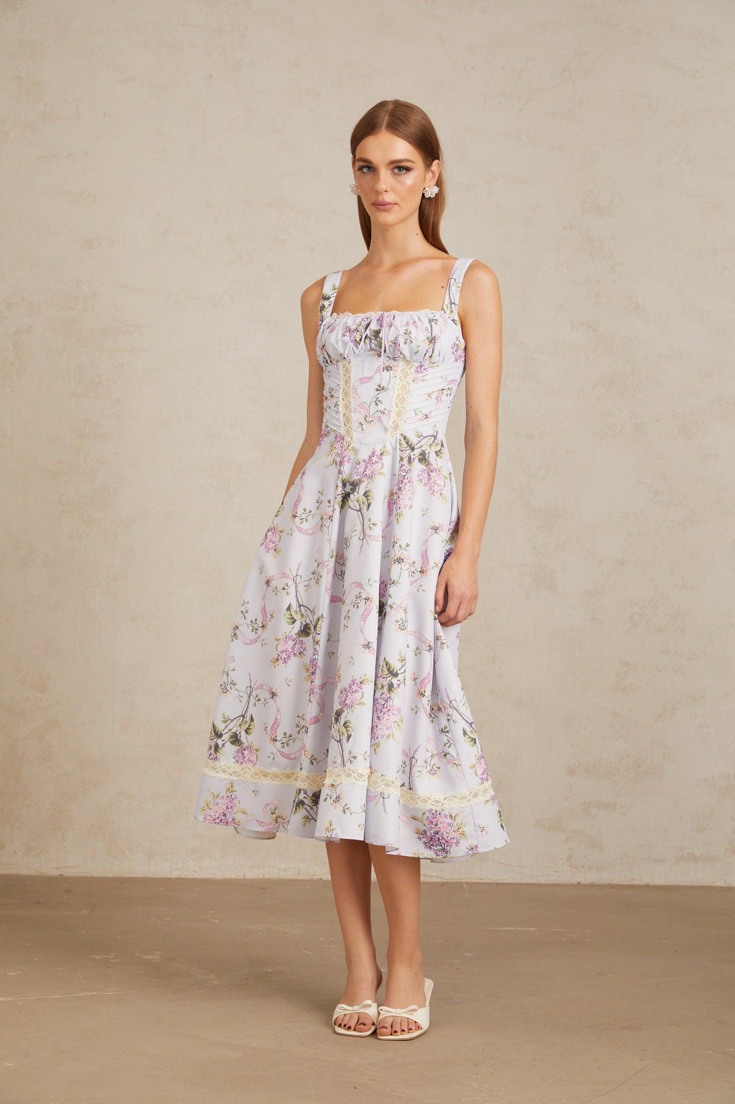 Apolline Lilac Lace Trim Floral Midi Dress