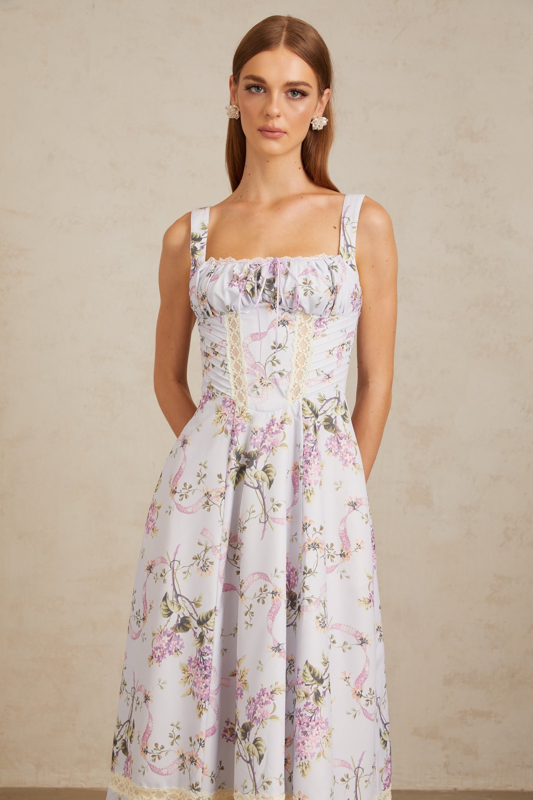 Apolline Lilac Lace Trim Floral Midi Dress