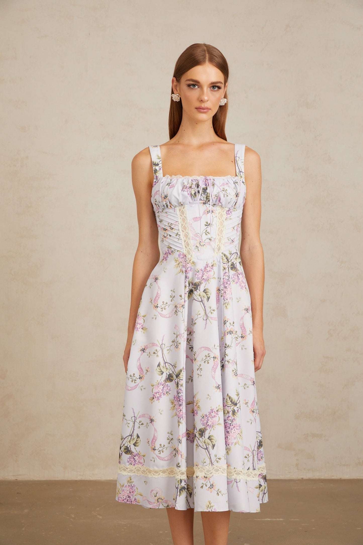 Apolline Lilac Lace Trim Floral Midi Dress