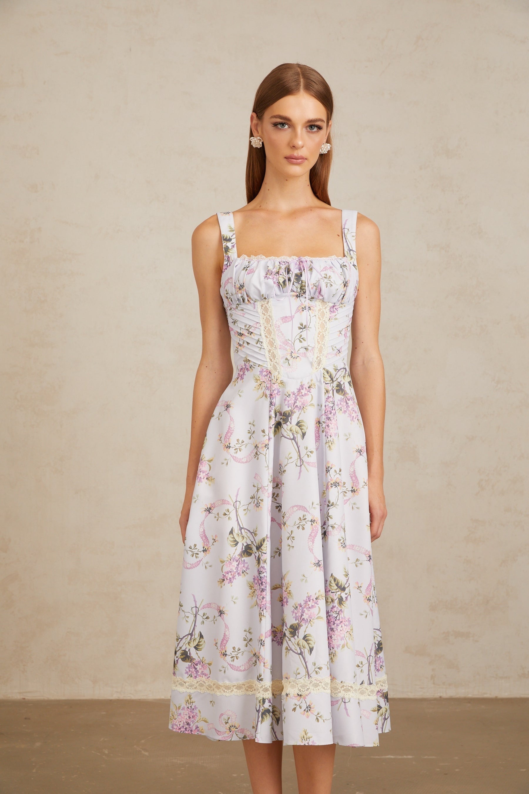 Apolline Lilac Lace Trim Floral Midi Dress