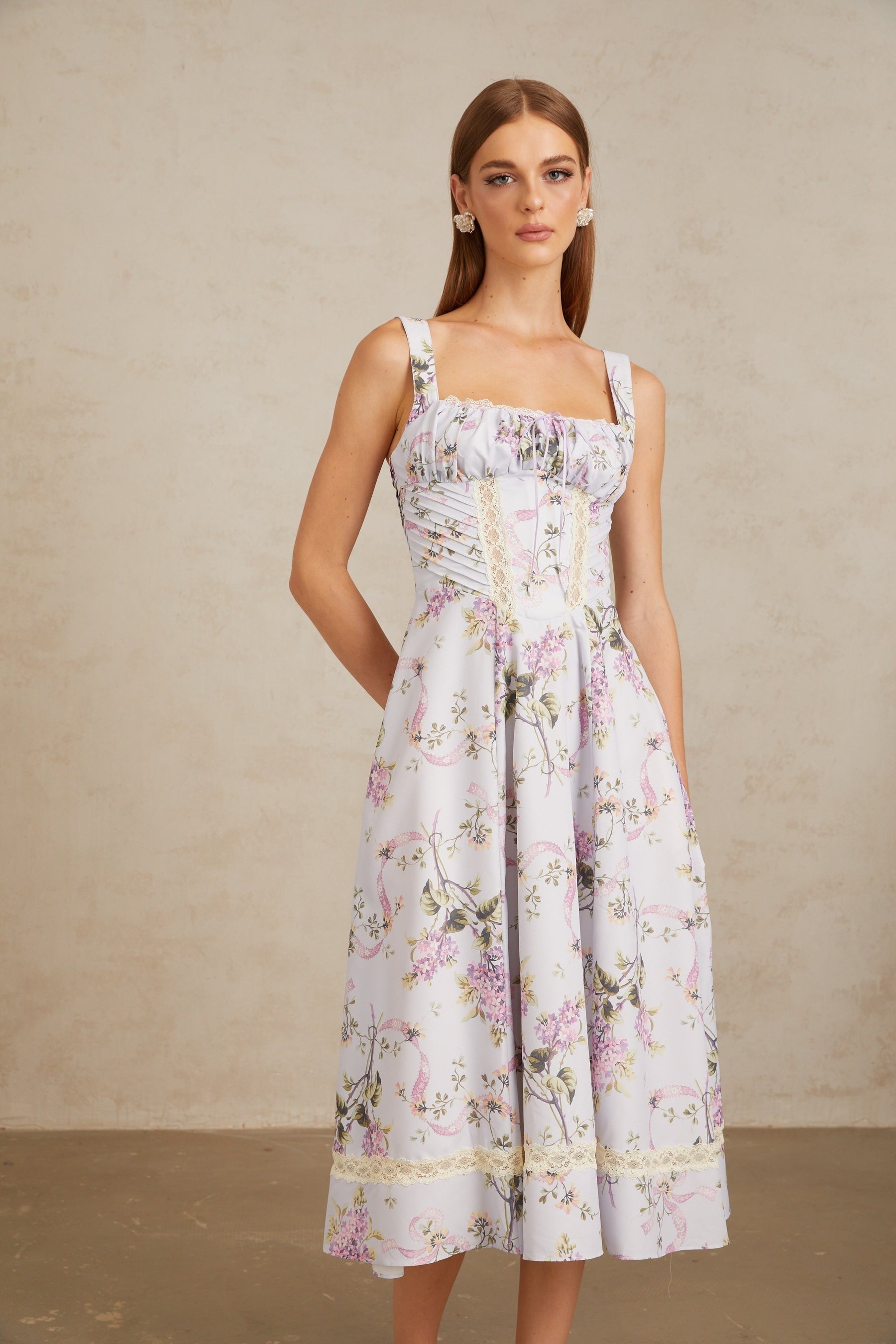 Apolline Lilac Lace Trim Floral Midi Dress
