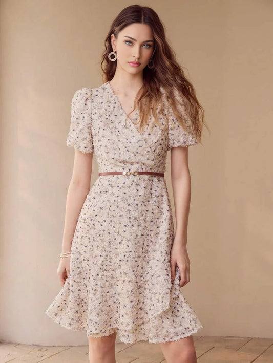 APPLIQUES RUFFLE HEM DRESS