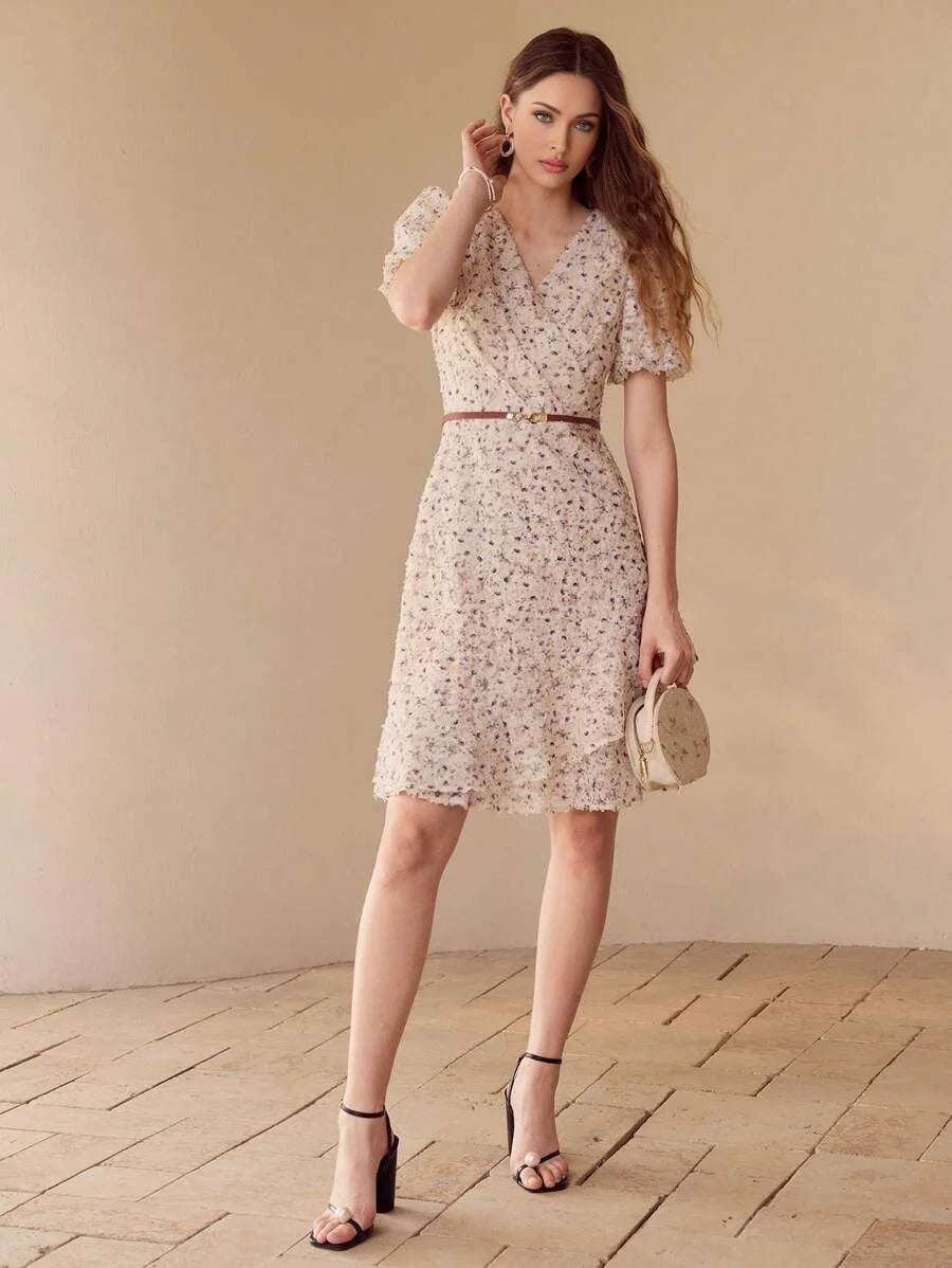 APPLIQUES RUFFLE HEM DRESS