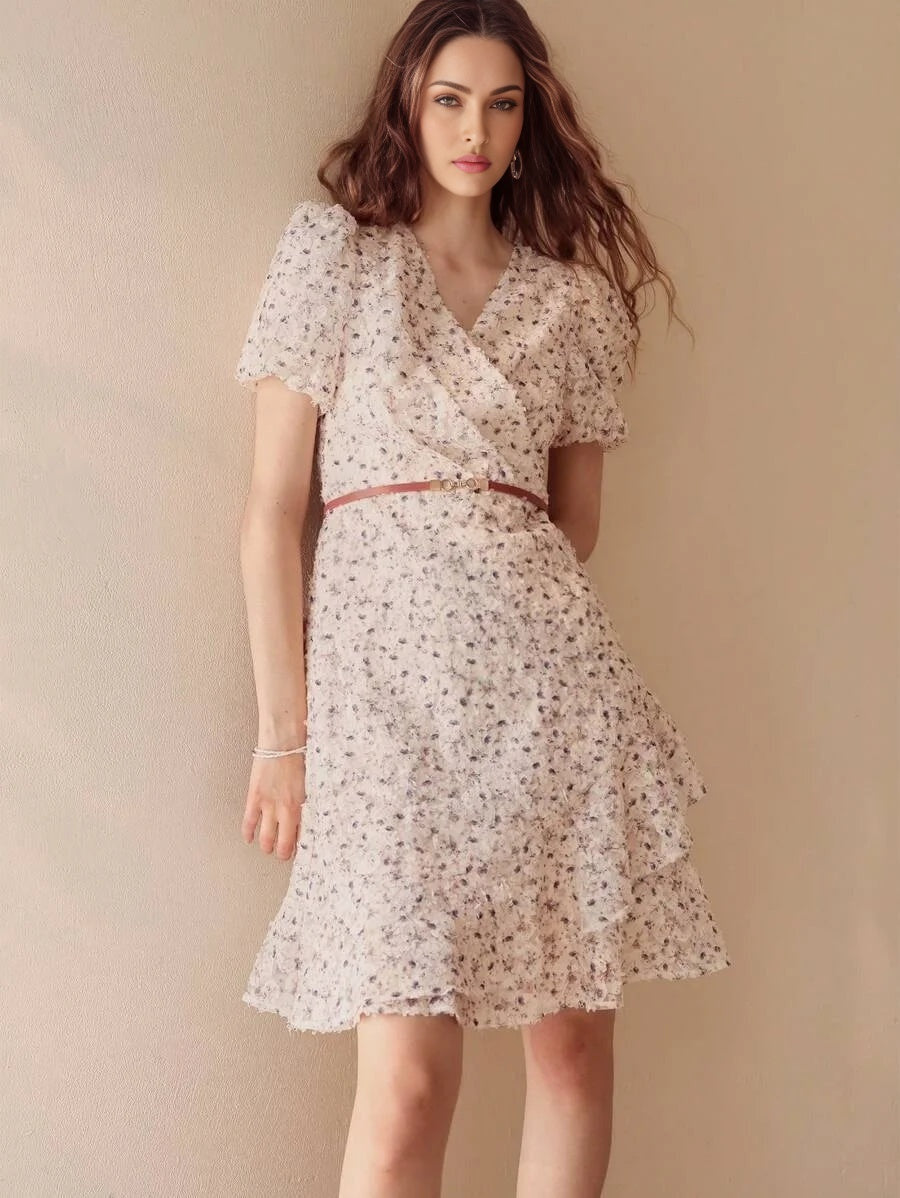 APPLIQUES RUFFLE HEM DRESS