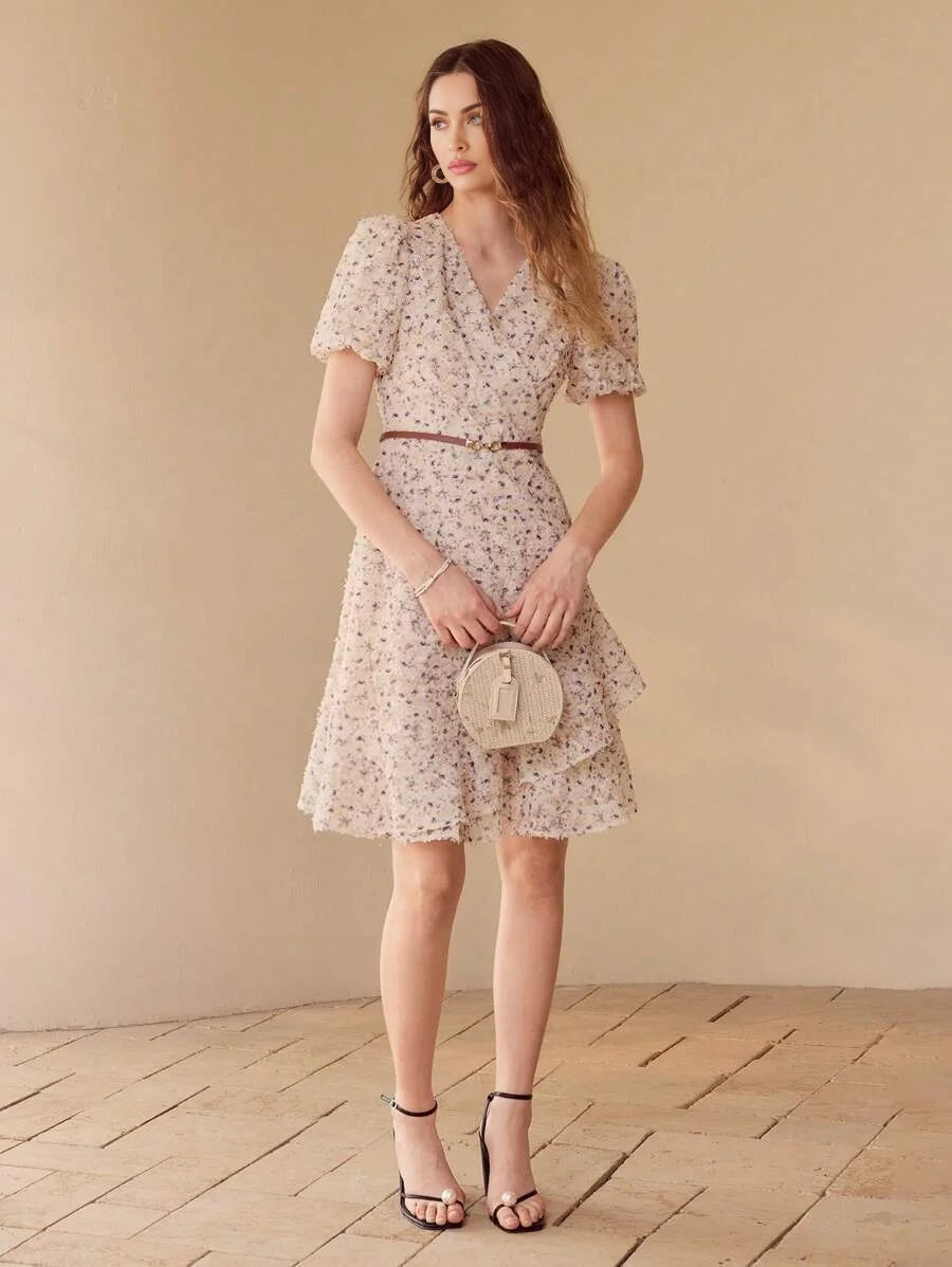 APPLIQUES RUFFLE HEM DRESS