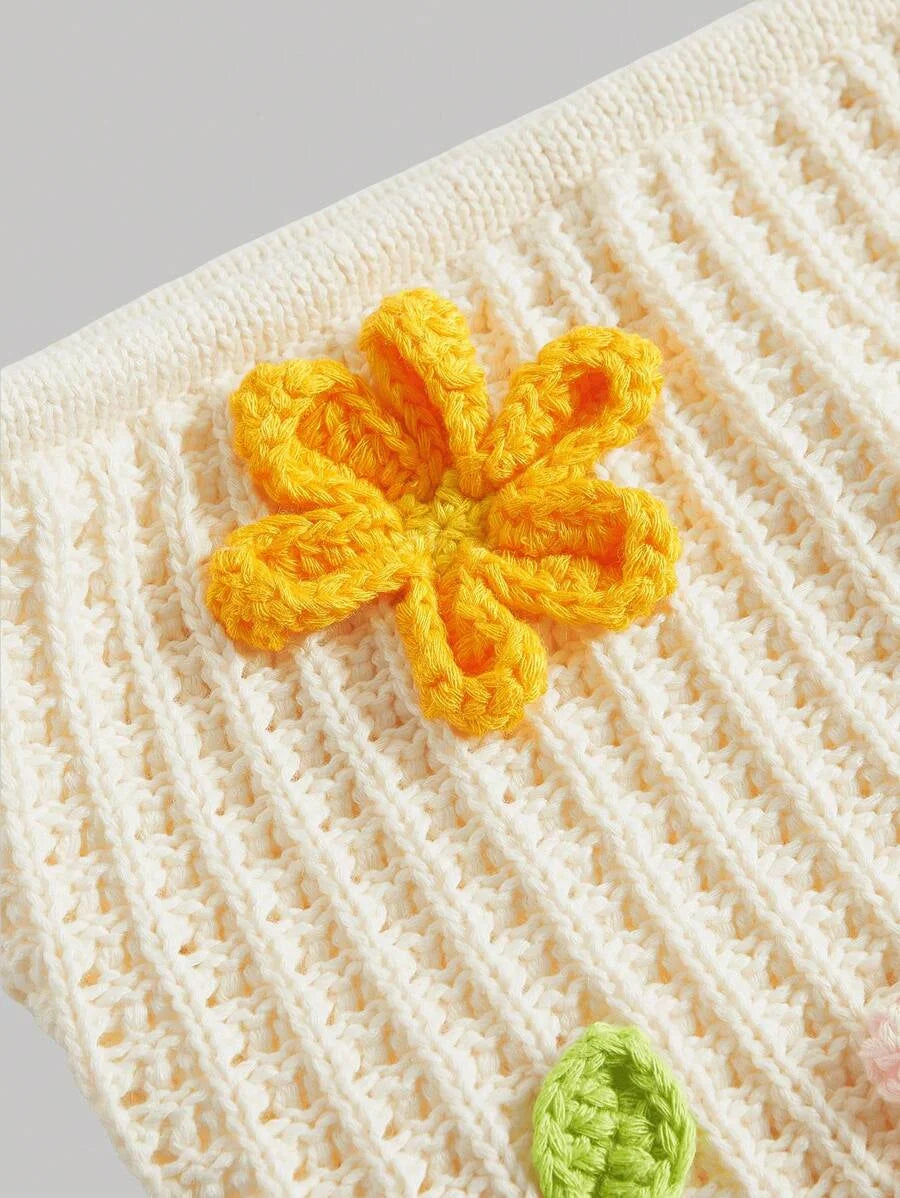 Apricot 3D Floral Puff Sleeve Knit Blouse Cute Vacation Picnic Outdoor OutfitSummer Outfits For