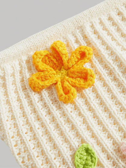 Apricot 3D Floral Puff Sleeve Knit Blouse Cute Vacation Picnic Outdoor OutfitSummer Outfits For