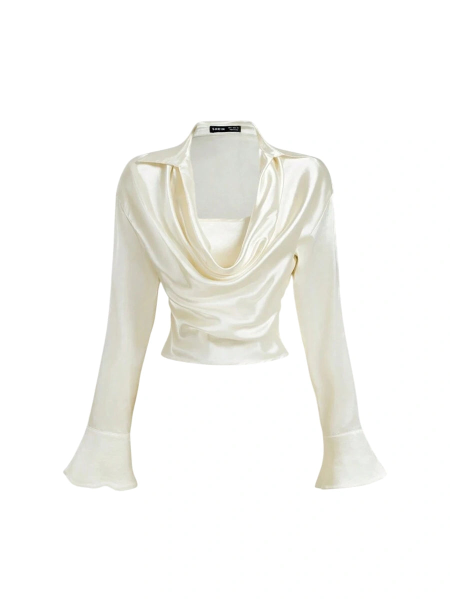 Apricot Draped Collar Satin Trumpet Sleeve Crop Top Vintage Party Formal Top Fall Women Clothes Corpse