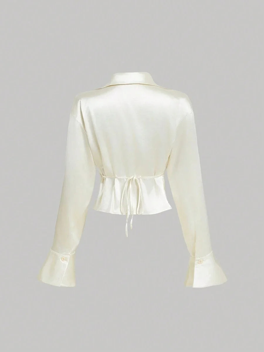 Apricot Draped Collar Satin Trumpet Sleeve Crop Top Vintage Party Formal Top Fall Women Clothes Corpse