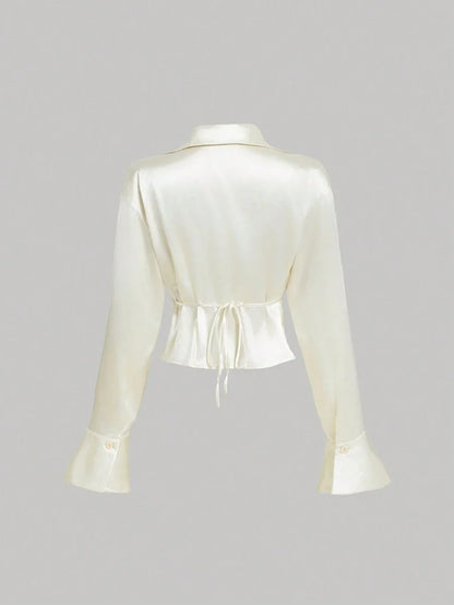 Apricot Draped Collar Satin Trumpet Sleeve Crop Top Vintage Party Formal Top Fall Women Clothes Corpse