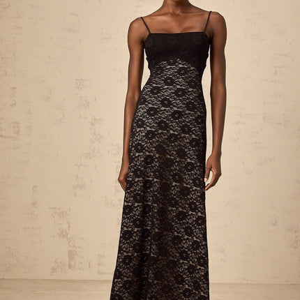 April Black Floral Maxi Dress Square Neckline Sleeveless Spaghetti Straps Open Back Cinched Waist Lace Detailing Rear Tie Fastening Luxurious Blend Terylene Elastane Special Occasion