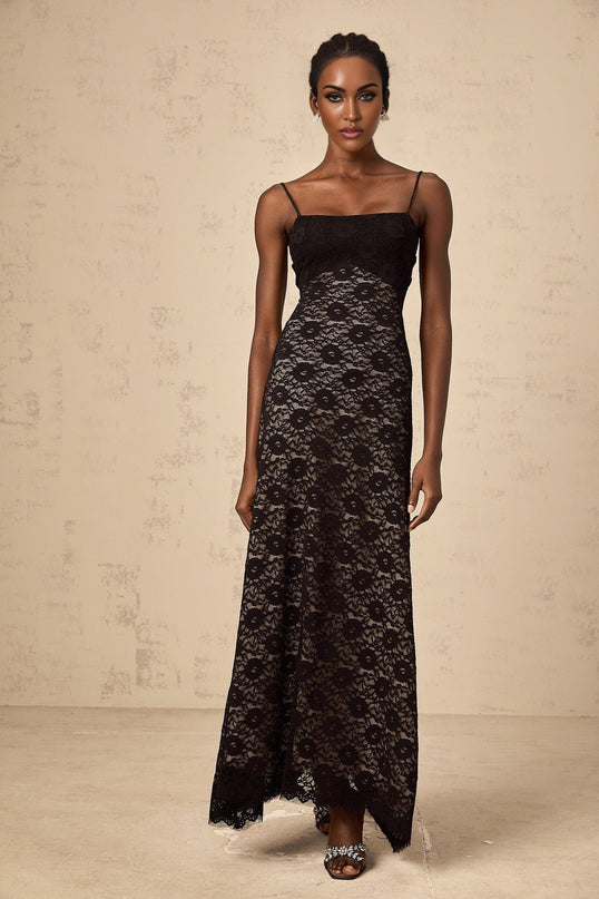 April Black Floral Maxi Dress Square Neckline Sleeveless Spaghetti Straps Open Back Cinched Waist Lace Detailing Rear Tie Fastening Luxurious Blend Terylene Elastane Special Occasion
