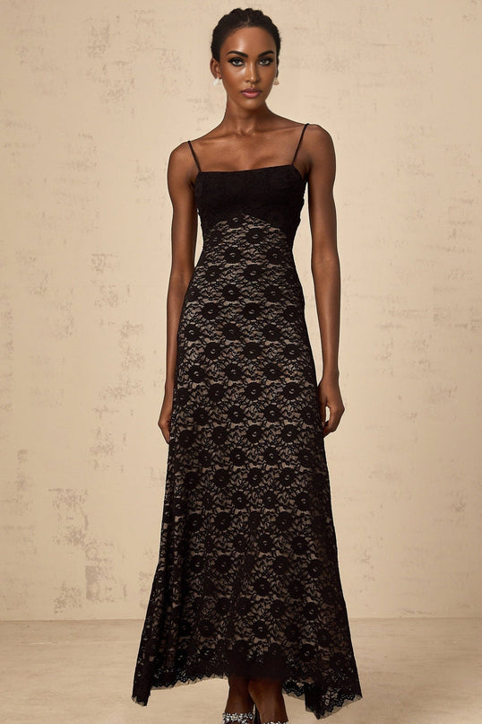 April Black Floral Maxi Dress with Square Neckline and Spaghetti Straps