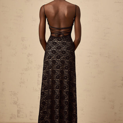 April Black Floral Maxi Dress square neckline sleeveless silhouette spaghetti straps open back cinched waist floral lace detailing rear tie fastening luxurious Terylene fiber Elastane special occasion