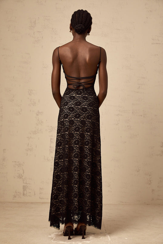 April Black Floral Maxi Dress square neckline sleeveless silhouette spaghetti straps open back cinched waist floral lace detailing rear tie fastening luxurious Terylene fiber Elastane special occasion