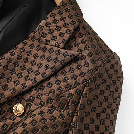 April wearing Rich Brown Geometric Pattern Double-Breasted Blazer with Gold Buttons