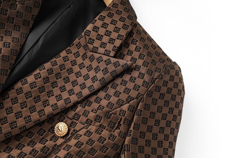 April wearing Rich Brown Geometric Pattern Double-Breasted Blazer with Gold Buttons