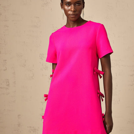 April Fuchsia Pink Mini Dress with Bowknot Detailing and Rear Zip Fastening