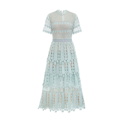 April Green Floral Embroidered Tiered Midi Dress with Cut-Out Detailing and Lace Trim