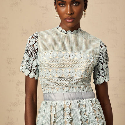 April Green Floral Embroidered Tiered Midi Dress with Cut-Out Detailing and Lace Trim